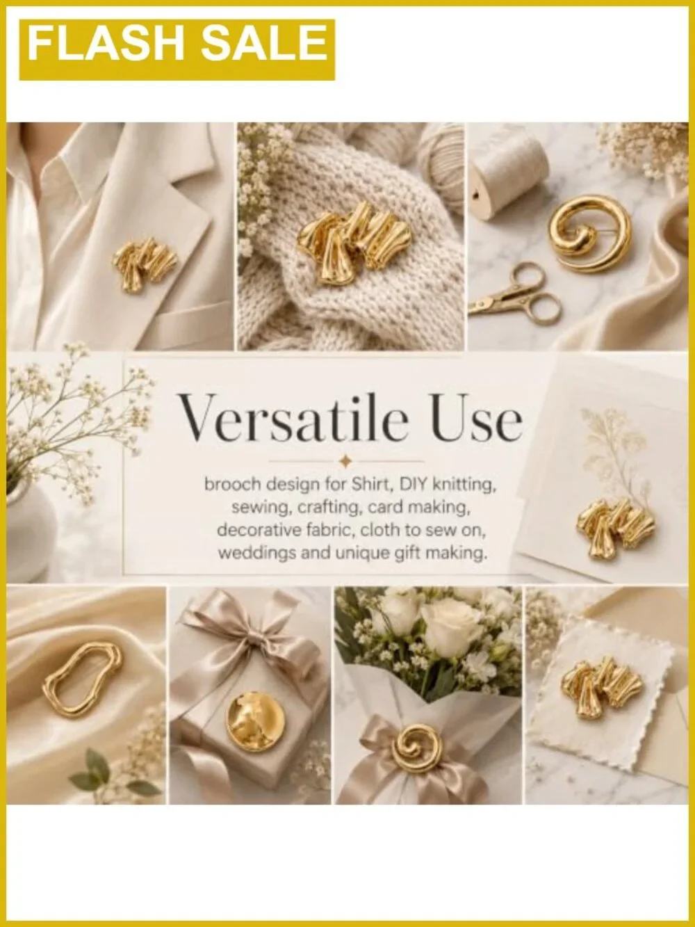 Set of 4 Gold Brooches for Women, Unique Metal Alloy Pins for Clothing,